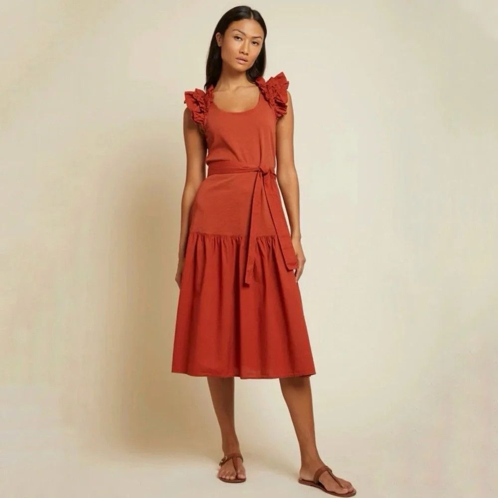 Nation LTD Dress Womens Medium Orange Ruffle Flutter Sleeve Jersey Maxi Sundress